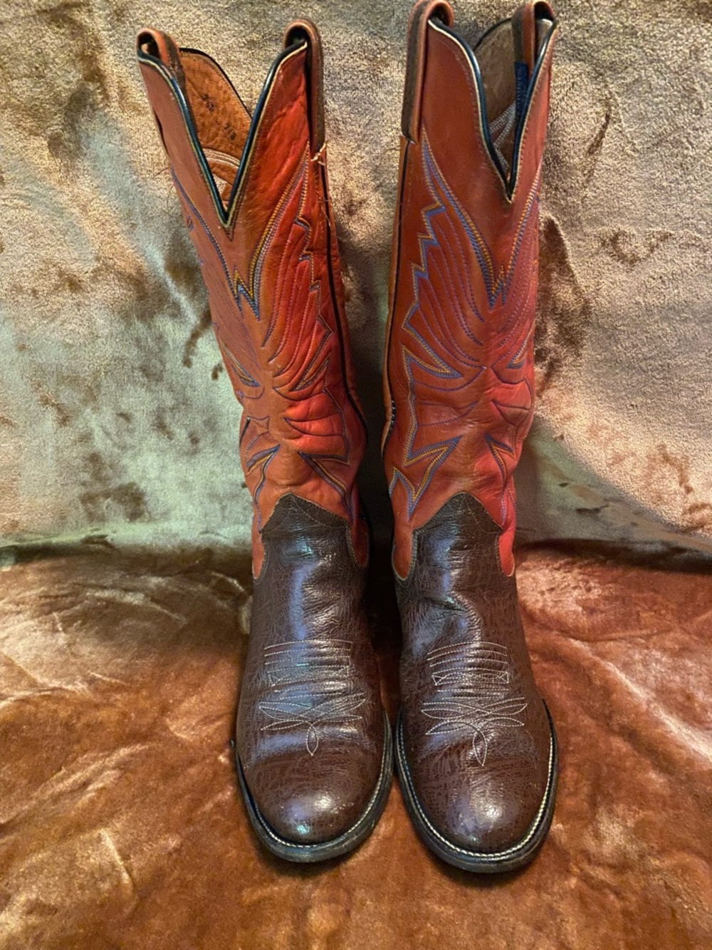Men's Two-Tone Brown and Red Western Cowboy Boots - Leather Pull-On